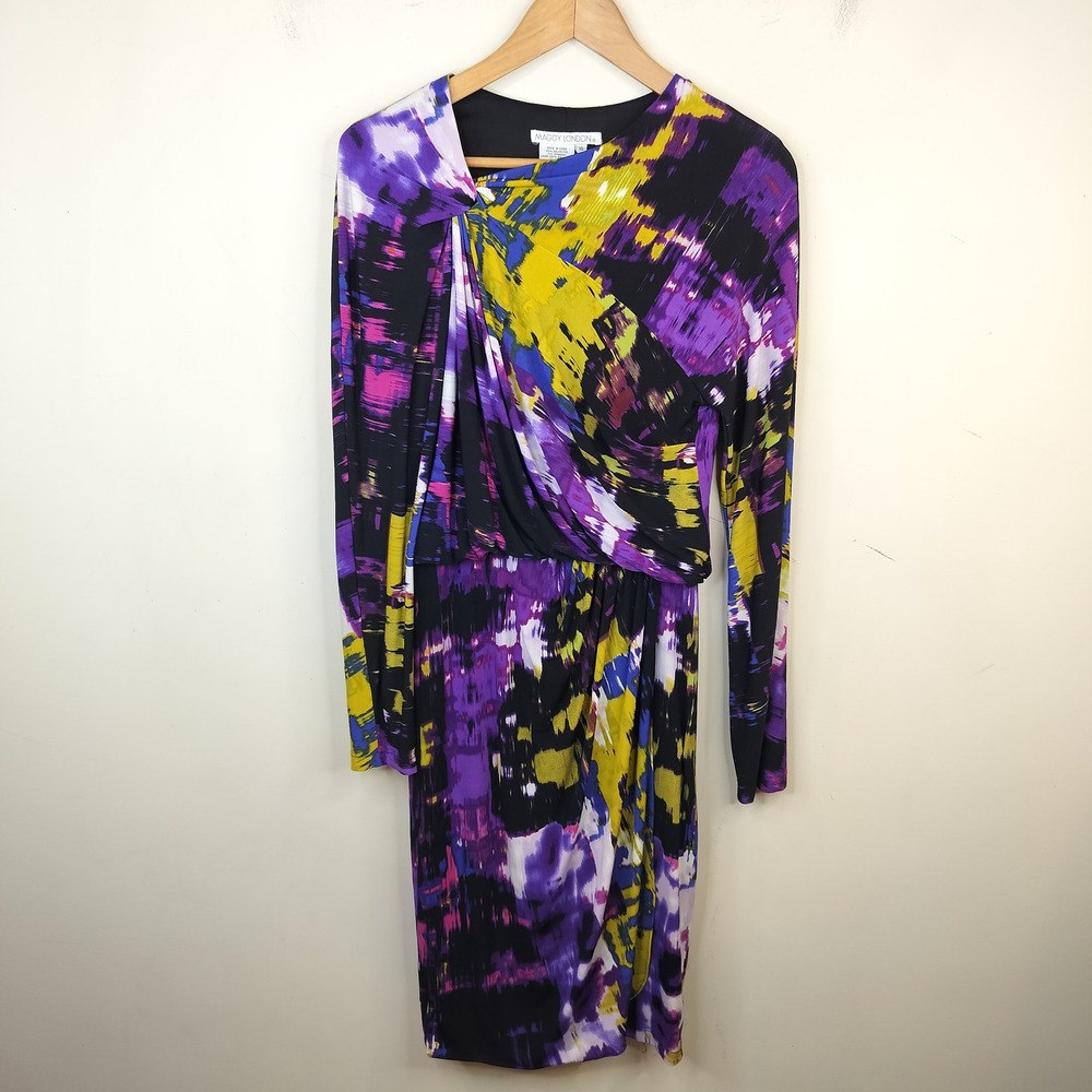 Maggy London Faux Wrap Dress 10 Womens Abstract Modern Purple Asymmetric Neck